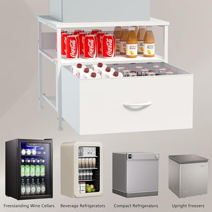 Unionly Mini Fridge Stand with drawer Storage,shelf & Power Outlet | 180lb Mini Fridge Table with Charging Station,Heavy duty small refrigerator shelf,end table for Living Room,Home Kitchen - color: White