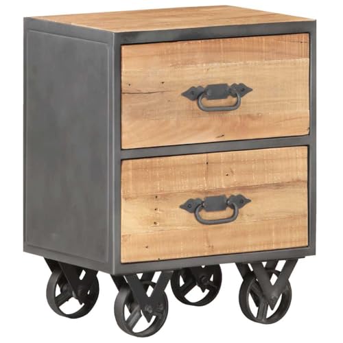 Industrial Nightstand with 2 Drawers, Reclaimed Wood Bedside Cabinet with Steel Frame and Wheels, Rustic Side Table for Bedroom Storage, 15.7 x 11.8 x 20.1 Inches