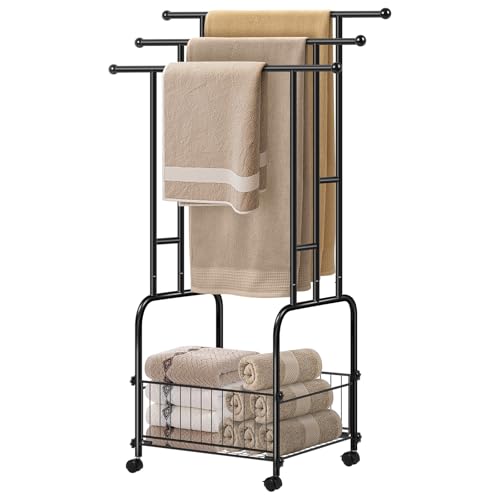 HAITRAL 42" H Standing Towel Rack, 3 Tiers Towel Holder with Basket, Bathroom Freestanding Towel Rack with 360° Anti-Skid Wheels, Multi-Use for Towel, Blanket, Clothes, Indoor/Outdoor (Black)