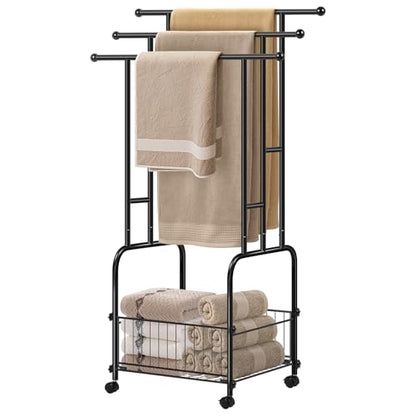 HAITRAL 42" H Standing Towel Rack, 3 Tiers Towel Holder with Basket, Bathroom Freestanding Towel Rack with 360° Anti-Skid Wheels, Multi-Use for Towel, Blanket, Clothes, Indoor/Outdoor (Black)