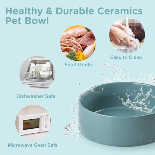 SPUNKYJUNKY Elevated Dog Bowls Ceramic, 6.1'' Dogs and Cat Food Water Bowls Raised with Non-Slip Bamboo Stand for Medium Sized Breed Microwave Dishwasher Safe - 28.7 OZ,Dark Green - color: Dark Green, size: 6.1 in - 3.6 cups