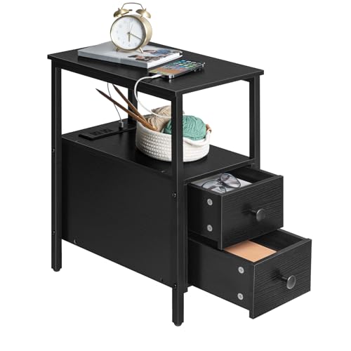 HOOBRO End Table with Charging Station, Narrow Side Table with 2 Drawer & USB Port & Power Outlets, Nightstand for Small Spaces, Stable and Sturdy, for Living Room, Bedroom, Black BK541BZ01 - color: Black
