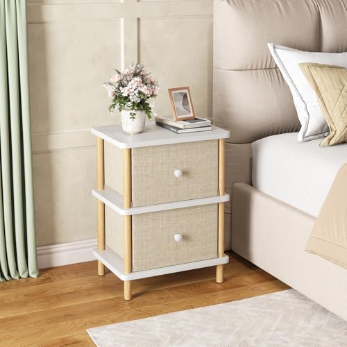 Apicizon Nightstand with 2 Drawers, Side Table with Storage, White+Natural | Small End Table with Solid Wood Legs, for Small Spaces, Bedroom, Living Room, Entryway, Easy Assembly - color: White+natural