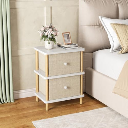 Apicizon Nightstand with 2 Drawers, Side Table with Storage, White+Natural | Small End Table with Solid Wood Legs, for Small Spaces, Bedroom, Living Room, Entryway, Easy Assembly - color: White+natural
