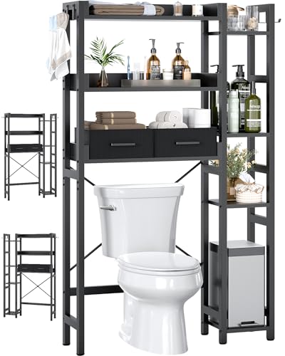 Besiost Over The Toilet Storage, 7 Tier Bathroom Organizer with Reversible Side Shelf and 2 Fabric Drawers, Adjustable Freestanding Rack Space Saver for Small Spaces, Black - color: Black, size: 31.1"W