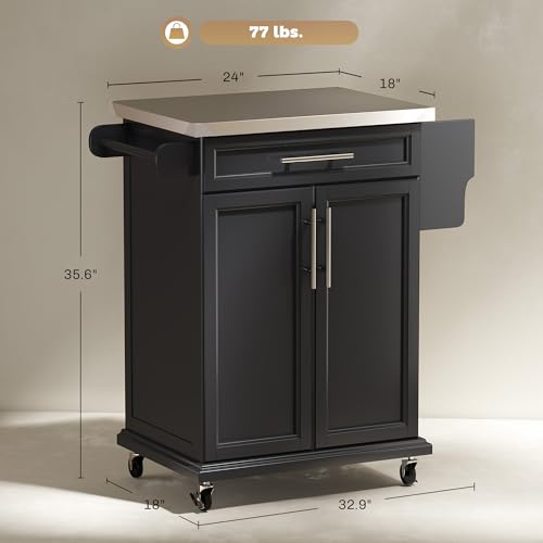 HOMCOM Kitchen Island on Wheels, Rolling Kitchen Cart with Stainless Steel Countertop, Drawer, Towel Rack and Spice Rack, Utility Storage Trolley, Black - color: Black