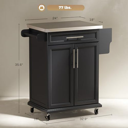 HOMCOM Kitchen Island on Wheels, Rolling Kitchen Cart with Stainless Steel Countertop, Drawer, Towel Rack and Spice Rack, Utility Storage Trolley, Black - color: Black