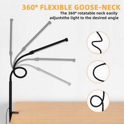 Voncerus LED Desk Lamp with Clamp, Eye-Caring Clip on Lights for Home Office, 3 Modes 10 Brightness, Long Flexible Goose-Neck, Metal, Swing Arm Architect Task Table Lamps with USB Adapter, Black - color: ‎S1 Black