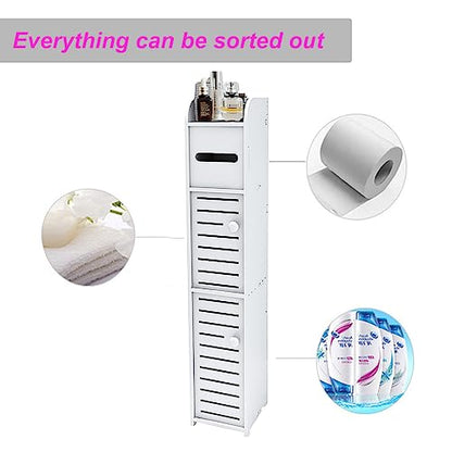 Small Bathroom Storage Cabinet, Over The Toilet Storage Cabinet for Skinny Bathroom Floor, Slim Toilet Paper Storage with Double Doors & Shelves - White