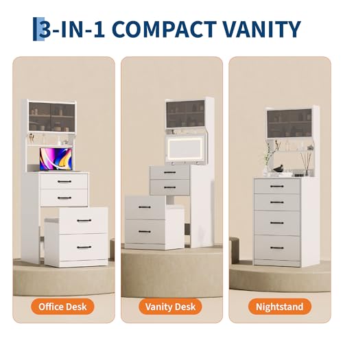 Garvee 3 in 1 Vanity Desk with 3 Color LED, Compact Makeup Vanity Set with 2 AC Outlets & USB, Dressing Table with Drawers & Acrylic Doors, Nightstand Vanity Mirror, Jewelry Box, Hidden Chair, White - color: White