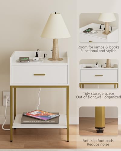 Nightstand with Charging Station,3-Tier Bedside Table for Small Space,Modern Night Stand with Storage Drawer and Shelf,Small Side Table for Bedroom,Living Room,White - color: White With Charging Station