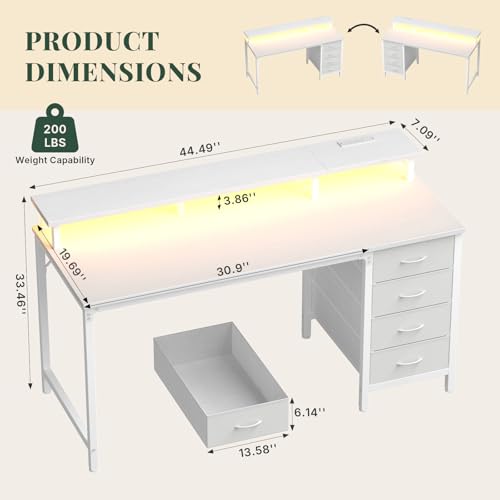 47" Computer Desk with Power Outlets and LED Lights, White | Gaming Desk with Drawers and Monitor Stand, Reversible Home Office Desk for Working Writing Study