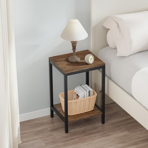 SAYGOER Wood End Tables 13.3''D Small Side Table with Storage Night Stand Metal Frames 2 Tier Bedside Table with Adjustable Feet, 1PCS, Walnut - color: Walnut