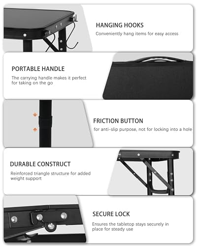 LOFTEY 2024 Reinforced Small Folding Table Portable, Small Foldable Camping Table, Heavy-Duty Mini Folding | Adjustable Height | Lightweight Premium Aluminum with Handle | Black 25"x16"x22" - color: Black