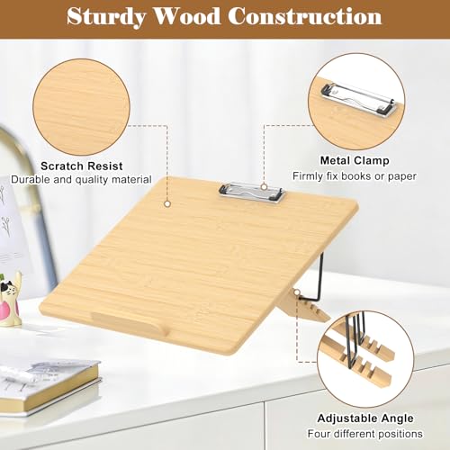 Slant Board for Writing Adjustable Slanted Writing Board Easel for Desk | Bamboo Writing Board Stand with Metal Clip, 4 Adjustable Angles, Foldable Slanted Clipboard for Handwriting, Reading, Drawing