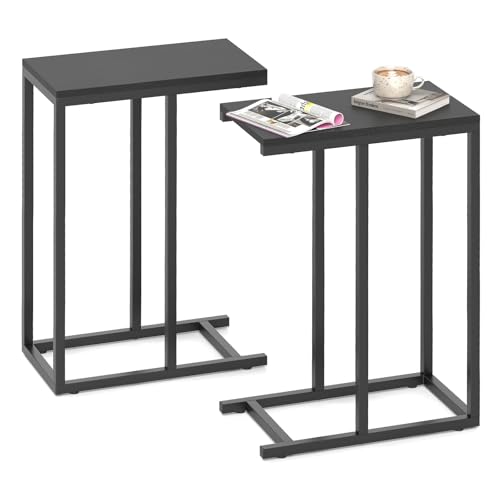 Giantex C Shaped End Table, Small Side Table for Sofa, Couch Table that Slide Under with Metal Frame, Industrial TV Tray Table for Small Spaces, C Table for Living Room Bedroom (2, Black) - color: Black