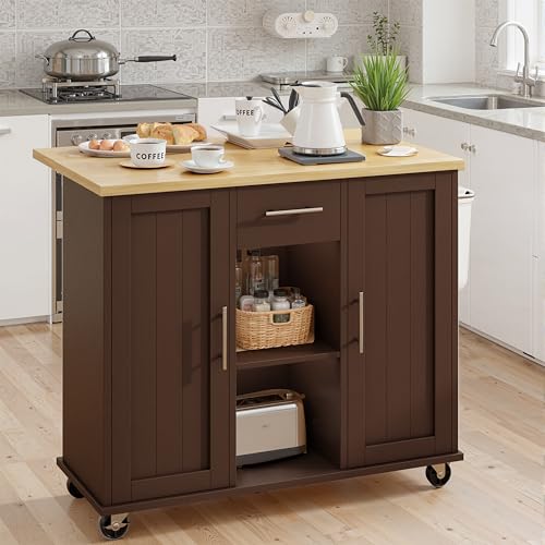 SUNLEI Rolling Kitchen Island Cart with Wheels, Island Table for Kitchen, Farmhouse Kitchen Cart with Drop Leaf & Towel Rack & Drawer, Kitchen Islands Table with Storage Cabinet, Brown - style: Brown