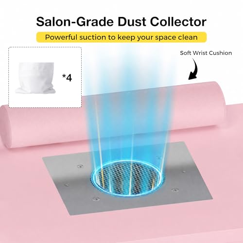 Portable Foldable Manicure Table with Dust Collector, Rolling Nail Tech Desk with LED Lamp, Wrist Rest, Lockable Wheels & Carrying Case for Home Salon, Travel & Mobile Nail Techs (Pink) - color: Pink