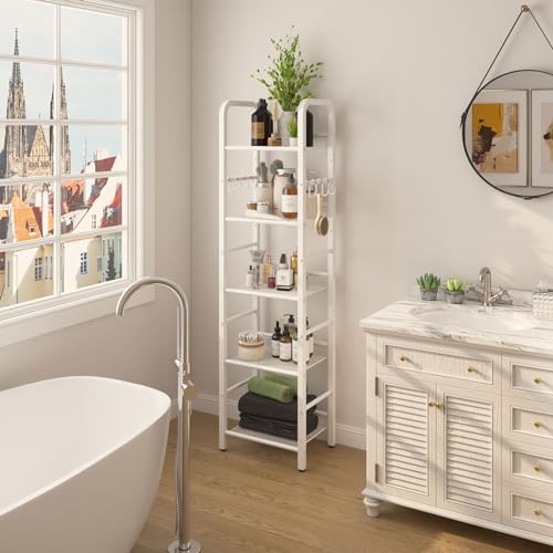 YMYNY 5 Tier Bookshelf, Freestanding Bookcase for Living Room, Bedroom, Home Office, Multi-Functional Storage Rack Organizer, Display Rack with Metal Frame, Rust Resistance, White, UHBC055W - size: 5-Tier (10.43"x14.17"x57.48")