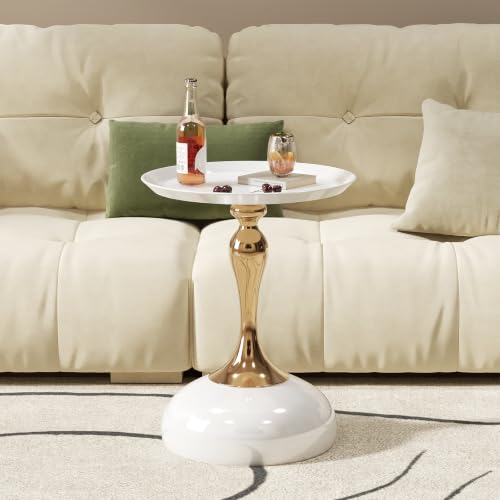Small White Round Side Table with Gold Pedestal Base - Modern Chic Accent End Table for Living Room, Bedroom & Office Spaces - color: Cream White