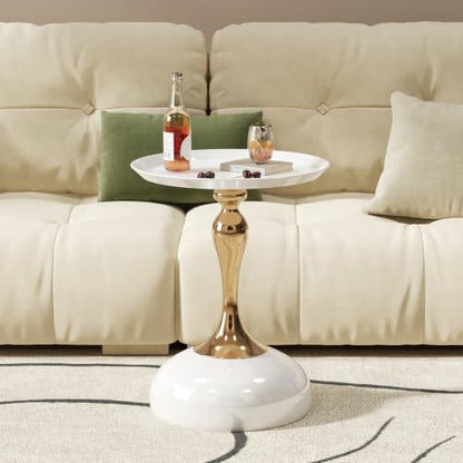 Small White Round Side Table with Gold Pedestal Base - Modern Chic Accent End Table for Living Room, Bedroom & Office Spaces - color: Cream White