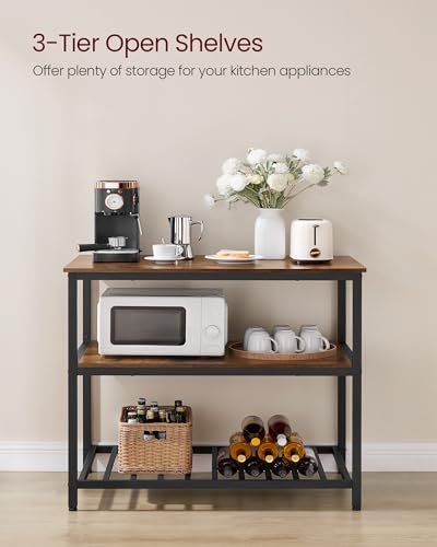 VASAGLE Kitchen Island with 3 Shelves, 39.4 Inches Width Kitchen Shelf with Large Worktop, Stable Steel Structure, Industrial, Easy to Assemble, Rustic Brown and Black UKKI005B01 - color: Rustic Brown + Black, size: 39.4"W x 35.4"H, style: without Power O