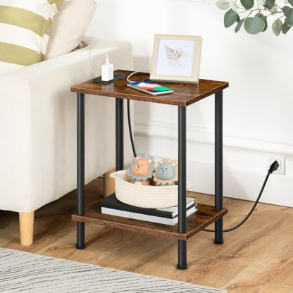 HOOBRO Side Table with Charging Station, Set of 2 End Tables with USB Port and Outlets, Nightstand with 2-Layer Storage Shelves for Small Spaces, Living Room, Bedroom, Rustic Brown BF09UBZP201 - color: Rustic Brown + Black
