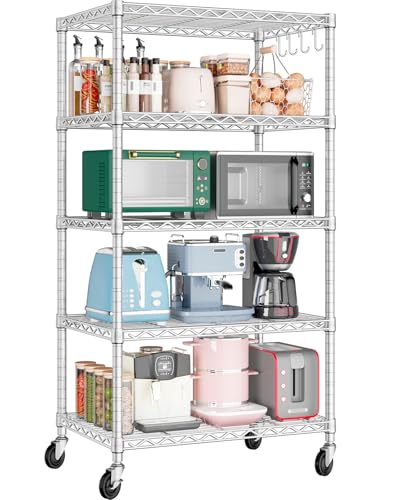 PrimeZone 75" H Wire Shelving 5 Tier Slim Steel Storage Metal Shelves with Wheels,Adjustable Kitchen Utility Shelving Unit,Pantry Rack Rolling Metal Shelf Chrome 24" Wx18 Dx75 H - size: 24" W x 18" D x 75" H