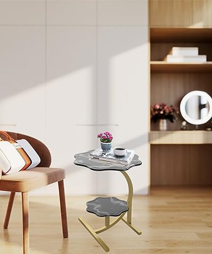 2 Layers Flower Shape Marble Texture Small C-Shaped Side Table,Snack SideTable, End Table for Sofa Side Table,Bedside Table for Living Room Kitchen Garden Bedroom - color: Black+gold
