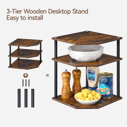 Wooden 3 Tier Corner Shelf, Countertop Storage Organizer for Kitchen Cabinets and Desk, Plates, Dishes, Bread and Small Space Decor, Adjustable