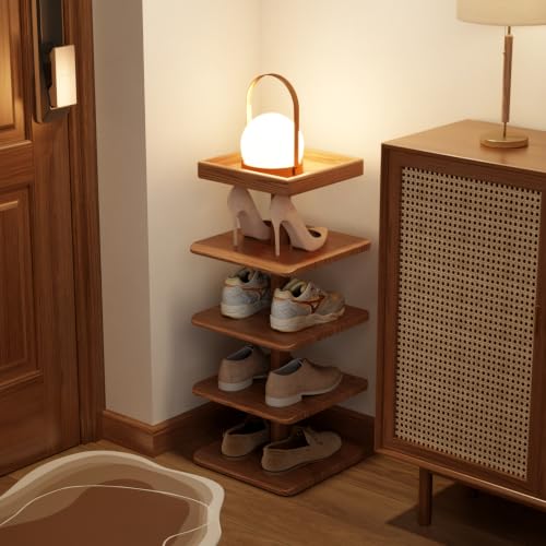 4-Tier Vertical Shoe Rack, Narrow Shoe Tower for Small Space - color: Walnut, size: 11.4"D x 10.8"W x 28.8"H
