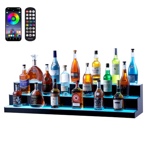 VEVOR LED Lighted Liquor Bottle Display, 3 Tiers 48 Inch Commercial Illuminated Home Bar Shelf, 3 Steps Whiskey Rack Stand, Acrylic Drink Shelves with RF Remote & App Control, and Multicolor Light - size: 3 Step 48 Inches