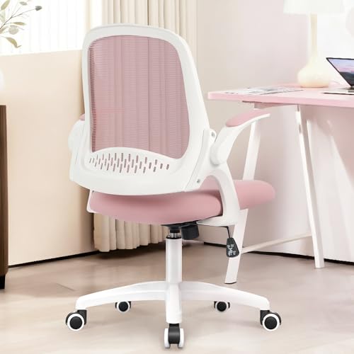 NEO CHAIR Office Desk Gaming Ergonomic Computer Chair with Lumbar Back Support Adjustable Height Swivel Rolling Wheels Flip-up Arms Mesh Chair for Home Vanity (Pink) - color: Pink