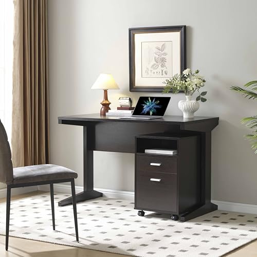 47.25" Home Office Desk with Rolling File Cabinet, Modern Computer Desk with 2 Drawers & Open Shelf, Executive Writing Desk for Workstation, Espresso