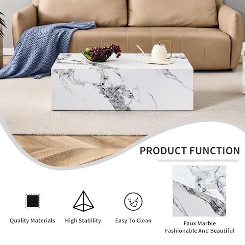 39" Rectangular Compact Coffee Table,Small Cube End Table,Modern Side Table with Stylish Faux Marble Pattern,Minimalist Accent Table for Living Room,Office,Apartment,Nightstand(White,39") - color: White,39"