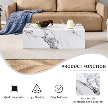 39" Rectangular Compact Coffee Table,Small Cube End Table,Modern Side Table with Stylish Faux Marble Pattern,Minimalist Accent Table for Living Room,Office,Apartment,Nightstand(White,39") - color: White,39"