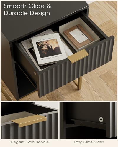 Masupu Fluted Nightstand,Modern Night Stand Wood Bedside Table with Storage Drawer Side End Table for Bedroom,Office,Black - color: Flutted-black