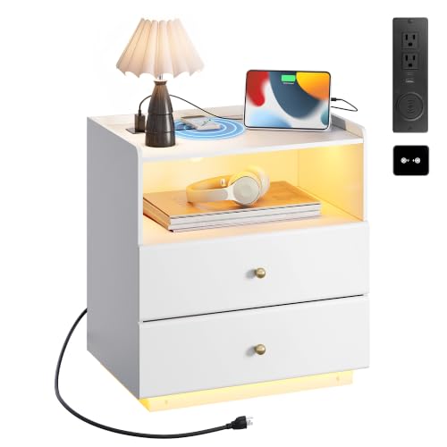 WLIVE LED Nightstand with Wireless Charging Station, Motion Sensor LED Bedside Table, 2 Drawers and 1 Open Storage Shelf, Modern Night Stand for Bedroom & Gaming Room, White - color: White, size: 2 Drawers+ 1 Open Shelf