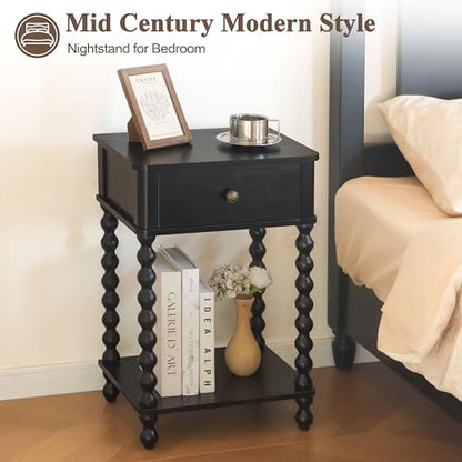 AWASEN Black Nightstand, Bedroom Side Table with Drawer for Living Room, Small Bedside End Table with Spindle Wood Legs for Bedroom, Office, Black - color: Black