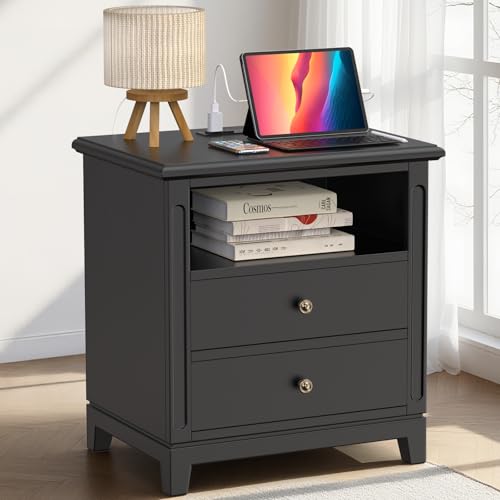 24" Wide Farmhouse Nightstand with Charging Station, Solid Wood End Table with 2 Large Drawers & Open Shelf, Bedside Table with USB Ports and Outlets, Side End Table for Bedroom - color: Black