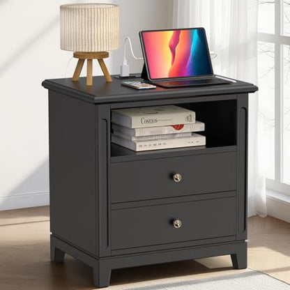 24" Wide Farmhouse Nightstand with Charging Station, Solid Wood End Table with 2 Large Drawers & Open Shelf, Bedside Table with USB Ports and Outlets, Side End Table for Bedroom - color: Black