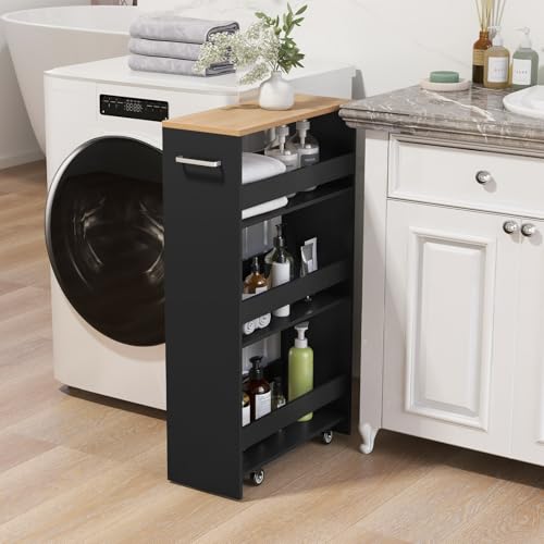 LOKO 4-Tier Rolling Storage Cart, 8 Inches Slim Kitchen Cart on Wheels with Open Shelves & Handle, Laundry Room Cart Between Washer and Dryer, for Bathroom Next to Fridge (Black & Natural) - color: Black & Natural