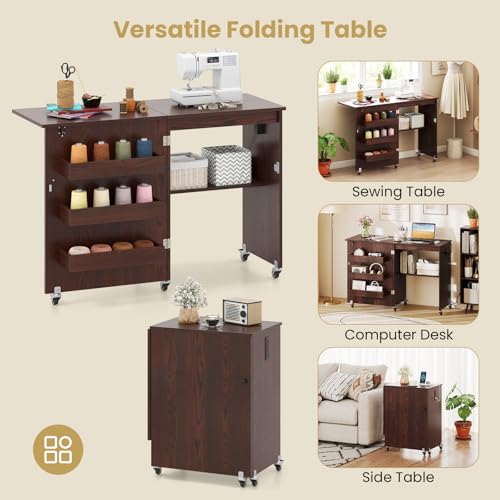 Giantex Folding Sewing Table with Charging Station, Storage Trays & Shelf | Rolling Craft Table with Lockable Wheels, Foldable Sewing Machine Cabinet Desk for Small Spaces, Dorms, Espresso - color: Espresso
