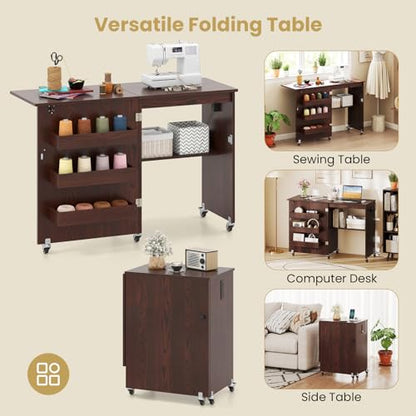 Giantex Folding Sewing Table with Charging Station, Storage Trays & Shelf | Rolling Craft Table with Lockable Wheels, Foldable Sewing Machine Cabinet Desk for Small Spaces, Dorms, Espresso - color: Espresso