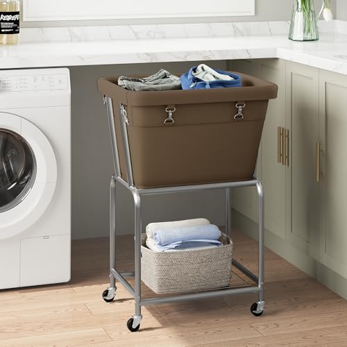ELYKEN Rolling Laundry Hamper with Wheels, Removable Bag, Laundry Cart | Heavy Duty Metal Frame, 2-Tier Clothes Basket with Shelf, Ideal for Closet, Bedroom, Bathroom & Laundry Room - color: Camel Brown, size: 20.3"L x 15.9"W x 30.9"H