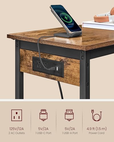 VASAGLE Bar Table, Narrow Long Kitchen Dining Table with Charging Station, Sturdy Metal Frame, Industrial, 15.7 x 39.4 x 35.4 Inches, Rustic Brown and Ink Black ULBT101K01 - color: Rustic Brown + Ink Black, size: 39.4"W, style: Industrial