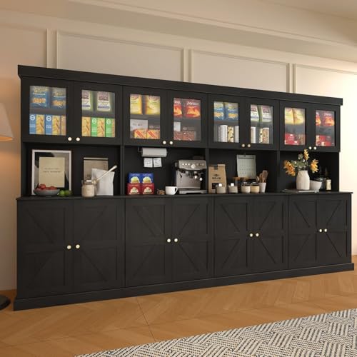 ivaniti 71" Tall Farmhouse Kitchen Pantry, Black Large Storage Cabinet with Glass Doors, Freestanding Coffee Bar Hutch with Microwave Stand, Adjustable Shelves for Kitchen or Living Room, Set of 4 - color: Black, size: 4A