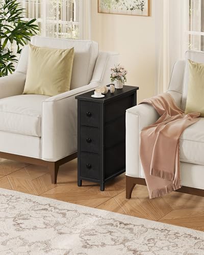 CHOEZON Narrow Side Table with 3 Fabric Drawers, Industrial Slim Bedside Table for Small Spaces, Bedroom, Living Room, Dormitory, Black TBZ09BB - color: Black