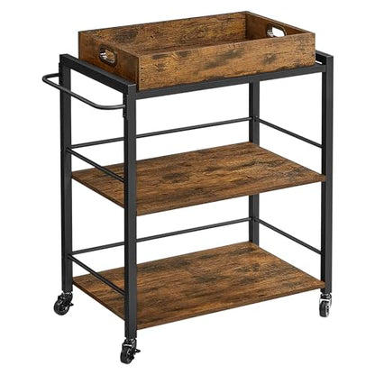 VASAGLE Kitchen Serving Cart with Removable Tray, 3-Tier Kitchen Utility Cart on Wheels with Storage, with Brakes, Leveling Feet, 15.7 x 28.3 x 33.9 Inches, Rustic Brown and Black ULRC72X - color: Rustic Brown + Black, size: 15.7"D x 28.3"W x 33.9"H
