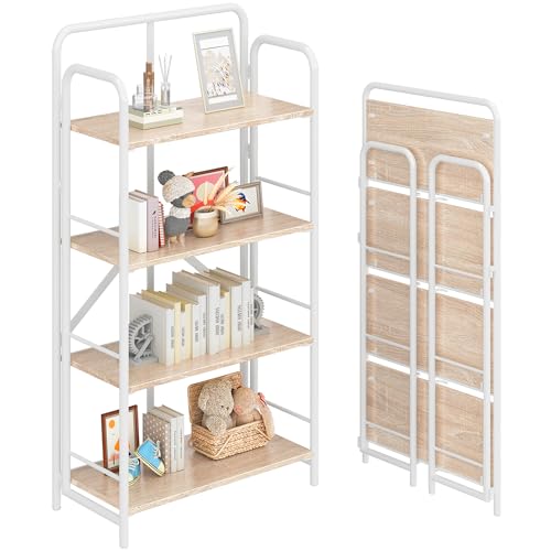 4NM No Assembly Folding Bookshelf, 4 Tiers Collapsible Book Shelves Open Industrial Foldable Storage Bookcase Shelf for Bedroom, Living Room, Home Office - Natural and White - color: Natural and White, size: 4 Tiers